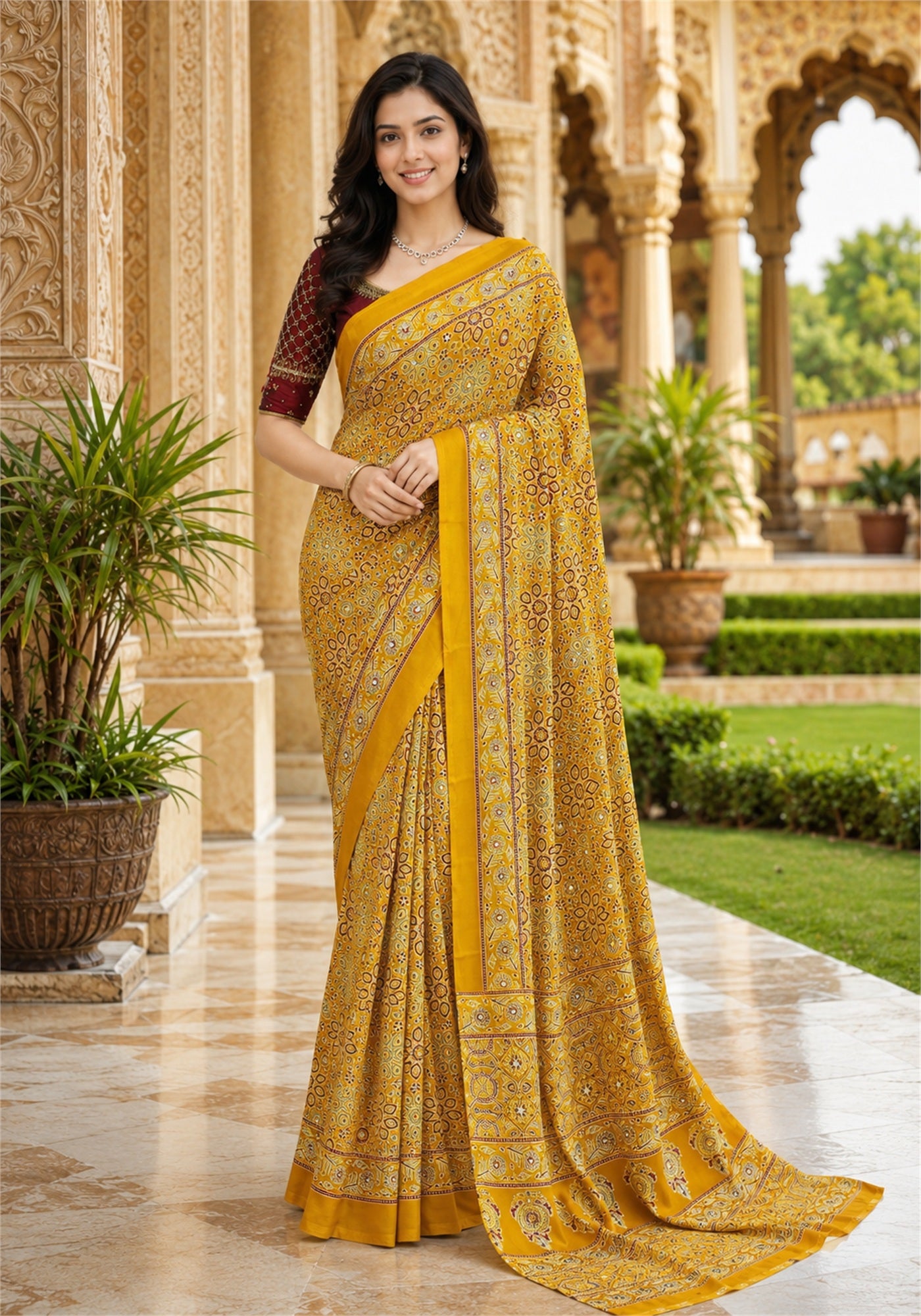 Ajrakh Saree Mustard Yellow Paisley Floral Border - AMS-1-1303 - view 1